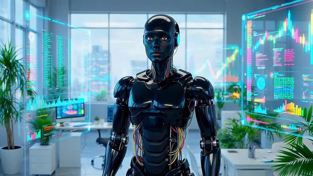 Futuristic robot in office with data displays