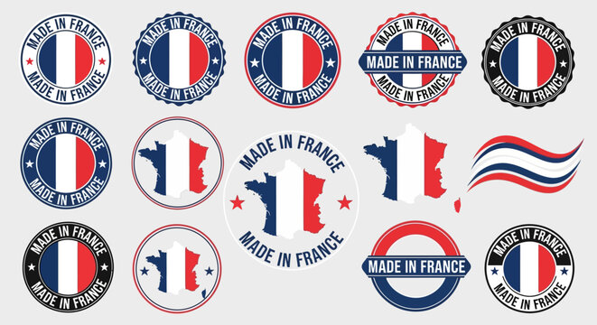 Made in France Labels and Badges Set with French Flag and Map Silhouettes
