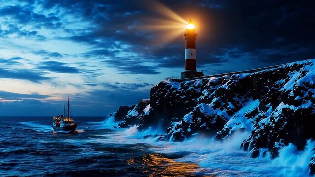 Lighthouse by snowy cliffs with boat