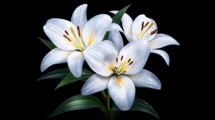 Obraz premium Three delicate white lilies with water droplets on dark background