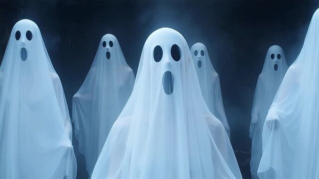 Group of ghost costumes in a dark setting