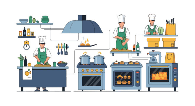 Flat illustration of two chefs preparing food in a commercial kitchen with various appliances and utensils on a white background.