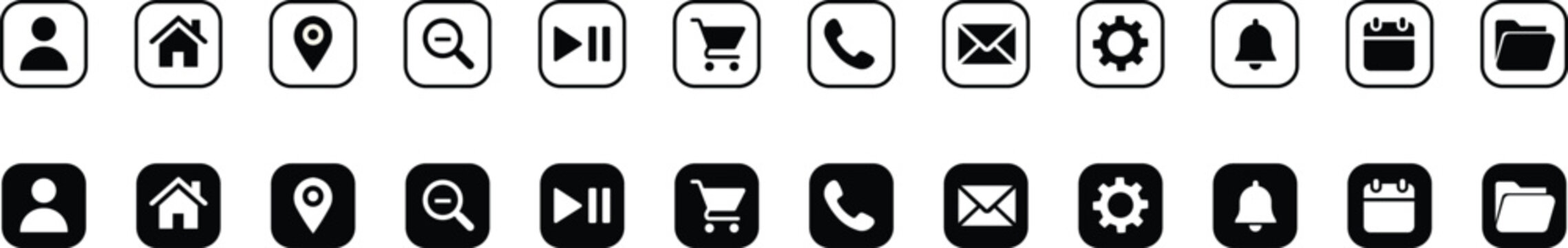 User interface navigation icons set for mobile applications and website menus featuring essential functions for daily digital tasks and tools