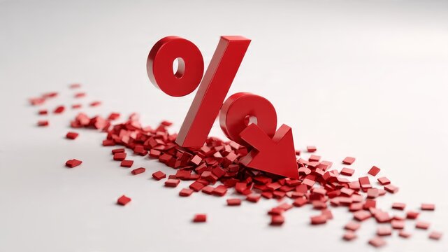 Red percentage sign and down arrow indicating a decrease in sales or prices, surrounded by fragments.