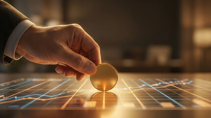 Obraz premium Businessman market success glowing stock market concept of confident hand placing golden coin on digital financial chart line with futuristic light investment growth ambition