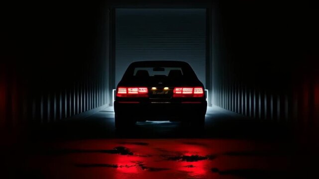 Black auto inside dark container with wet floor reflecting red lights
