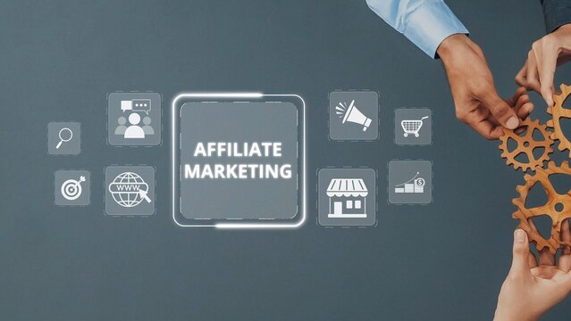 Two hands work together assembling gears above a digital display illustrating affiliate marketing while showcasing various online business strategies and tools. Raster