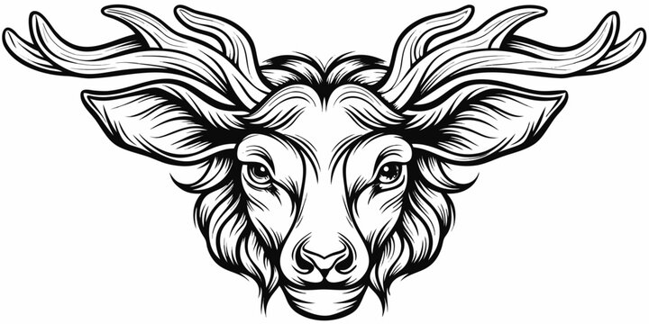 Mystical Stag Deer Head Vector - Ornate Antler Line Art Wildlife Illustration