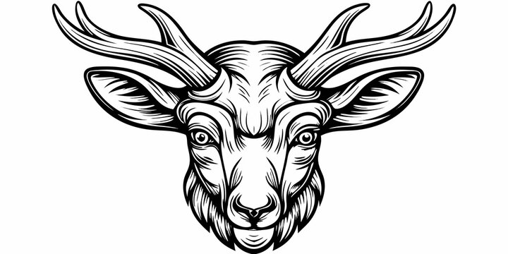 Majestic Stag Head Vector - Detailed Buck Antler Black and White Line Art
