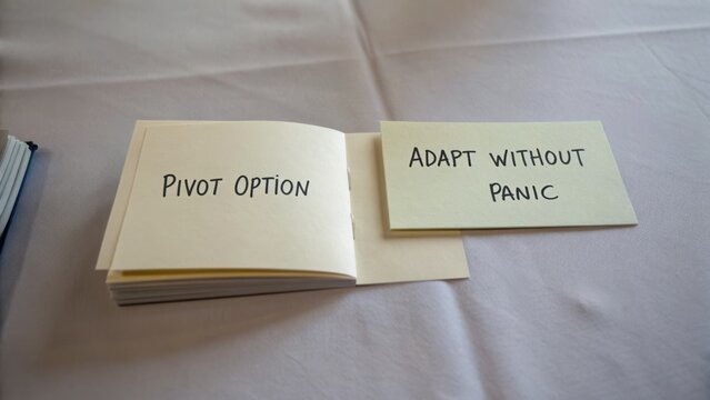 Thoughtful notebook with two notes about adaptability, emphasizing pivot option and adapting without panic for personal growth.