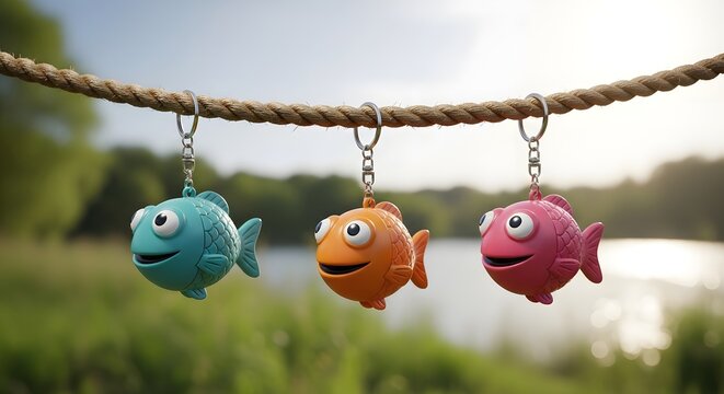 Three colorful fish keychains hanging from a rope