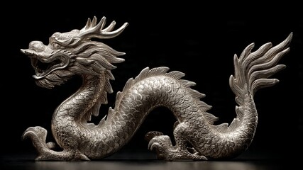 Fototapeta premium Ornate Silver Dragon Statue with Intricate Scales and Fierce Expression Against a Dark Background