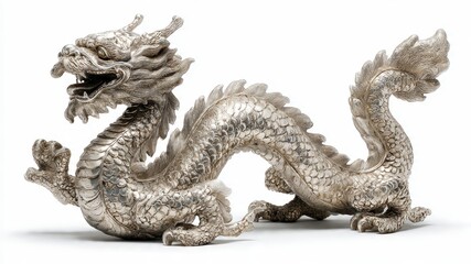 Fototapeta premium Antique Silver Dragon Sculpture, Mythical Creature, Oriental Art, Detailed, Majestic, Isolated on White Background
