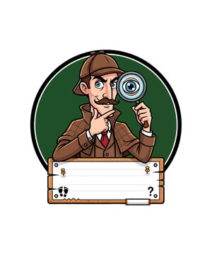 An astute cartoon detective character, in classic deerstalker hat and trench coat, intently examines clues with his magnifying glass.