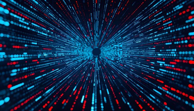 Abstract digital tunnel featuring glowing blue and red data streams creating a high speed motion effect with a dark central focal point for futuristic tech concepts