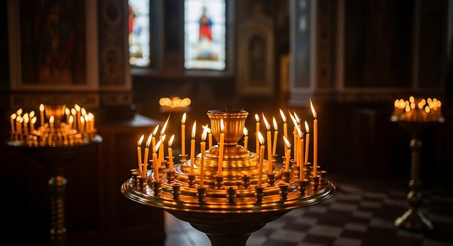 Burning Candles in Church - A Spiritual and Religious Scene.