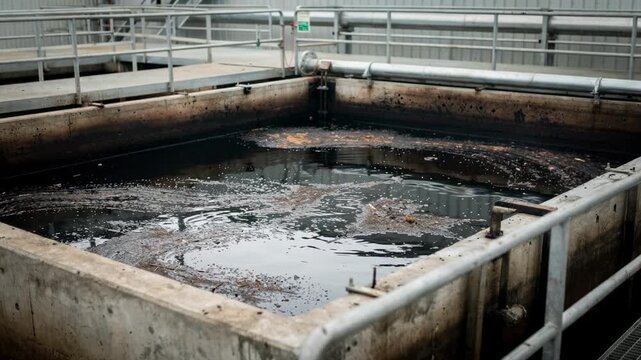 Medium shot of a freshly filled wood tar collection pit with dark viscous tar visibly settling in a clean contained basin during industrial processing.