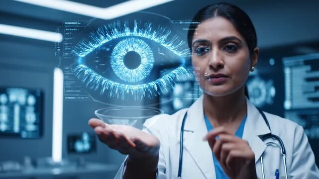 A doctor presents a glowing digital eye interface, showcasing innovation in vision technology, diagnostics, and advanced medical imaging.