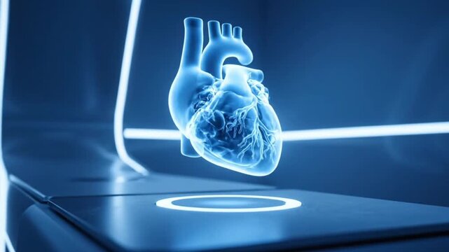 A 3d heart model illuminated in a futuristic lab, surrounded by light rings and minimal tech elements. clean and modern visual of medical innovation.