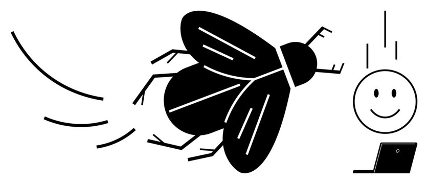 Distraction concept. A large insect flying next to a smiling face working on a laptop, focus challenges. Distraction impacts productivity, attention, and workplace efficiency. For education