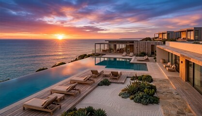Fototapeta premium Sunset Golden Hour over Minimalist Wellness Resort Private Villas and Infinity Pool with Sunburst, Vibrant Twilight Ocean Retreat Landscape, No People