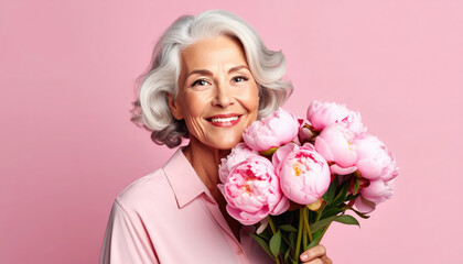 Mujer senior con flores rosas y blancas sobre fondo de salon moderno claro, sonriendo a cámara feliz. Concepto regalos del dia de la madre, San Valentin, aniversarios y cumpleaños