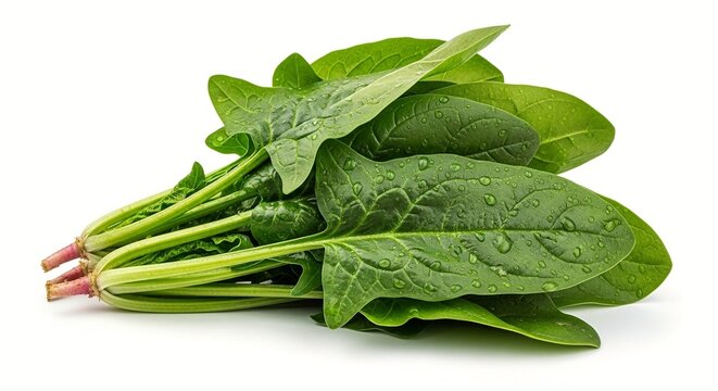A bunch of fresh spinach leaves with water droplets on a white background