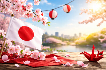 Japanese holiday concept for April 29 with flag, blooming sakura, origami and city park background.