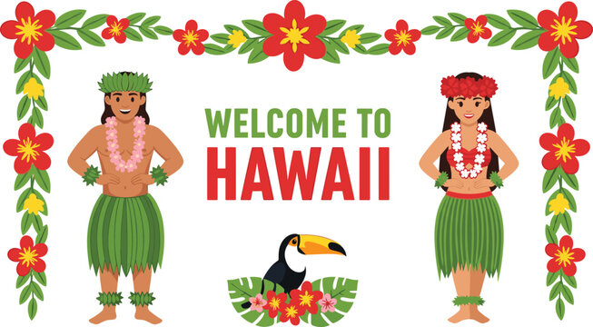 Welcome to Hawaii Tropical Banner with Hula Dancers, Toucan Bird, and Floral Lei Border Illustration