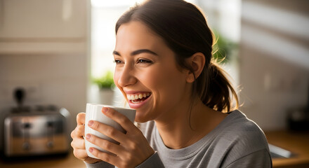 Woman holding and drinking coffee.