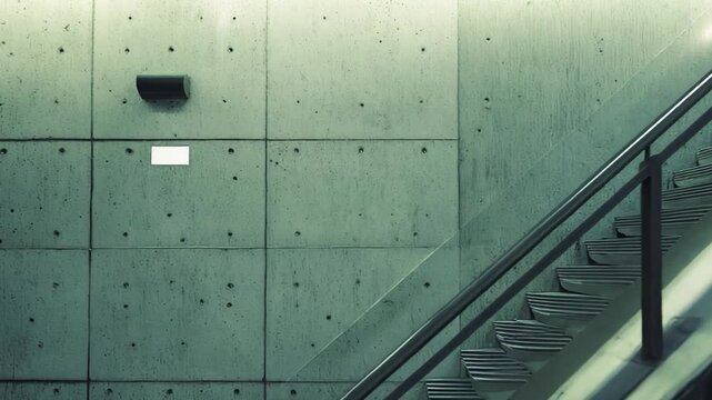 Modern architectural building interior showcasing rough concrete walls and a well lit minimalist staircase with a contemporary glass and metal railing, creating an abstract geometric composition