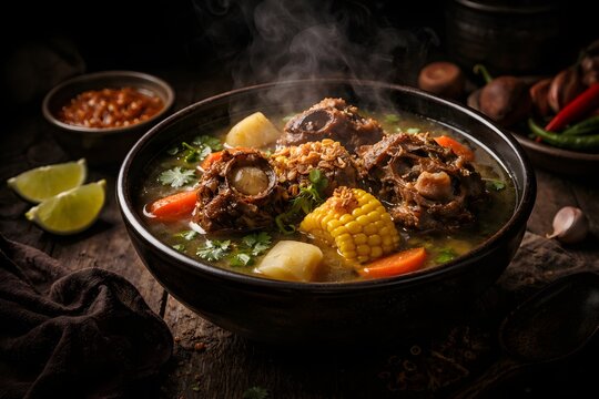 Moody Dark Indonesian Oxtail Soup Sop Buntut with Dramatic Lighting and Steam