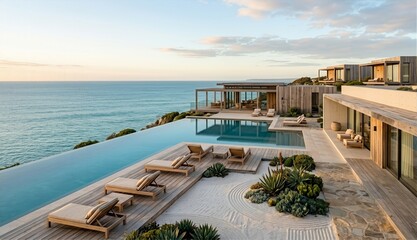Obraz premium Minimalist Wellness Resort Infinity Pool and Private Villas overlooking Ocean, Unpopulated Serene Retreat Landscape at Dawn