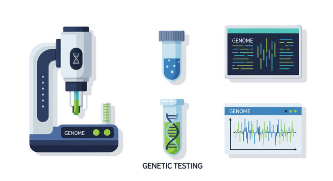 Modern genetic testing equipment and DNA analysis data screens illustration.