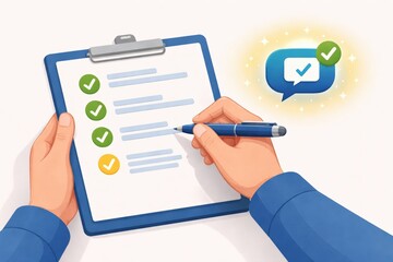 Hands holding a pen to check off items on a blue clipboard with a success icon.