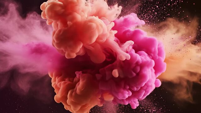 Colorful smoke explosion with shades of pink and orange filling the air. Vibrant clouds of smoke create a beautiful abstract background, ideal for artistic projects.