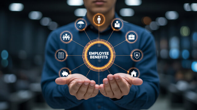 A person displays a glowing holographic diagram of comprehensive employee benefits with icons representing insurance health savings and more in a mode