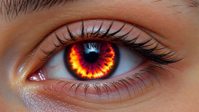 Closeup of an eye with fiery iris