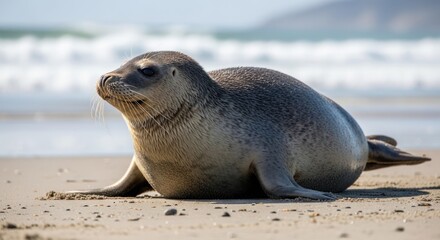 Fototapeta premium Cute seal relaxing on the beach, a marine mammal in nature with ocean waves. Wild animal portrait of a harbor seal on sandy beach.