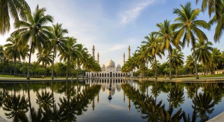 Obraz premium Beautiful Ubudiah Mosque architecture with reflections in Kuala Kangsar, Malaysia, lined with palm trees under blue sky. Travel destination, mosque, tourism.