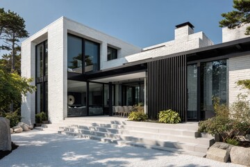 Fototapeta premium The contemporary architectural style features sleek, clean lines and expansive windows, perfectly situated in a bright and sunny outdoor environment