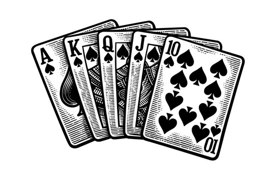 Exquisite vintage engraving of the Royal Flush in Spades: Ace, King, Queen, Jack, Ten cards. This ultimate poker hand signifies peak luck, strategic skill, and triumph in high-stakes casino games, cla