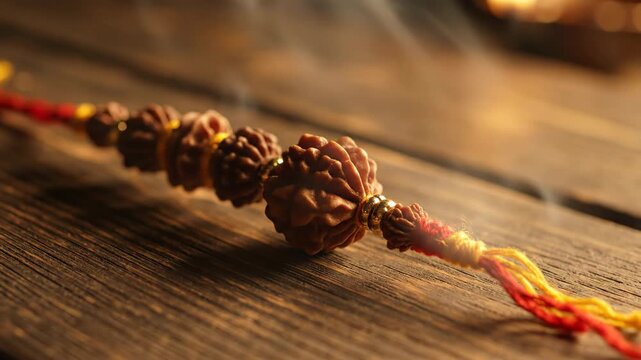 Sacred rakhi with aromatic smoke along wooden surface and traditional decorative elements, symbolizing love and connection during Indian holidays. Concept of rakhi celebrations and cultural rituals.