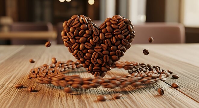 Heart-shaped coffee beans on wooden table, aromatic and delicious.