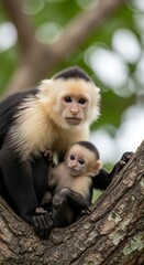 Naklejka premium Mother monkey and baby primate sitting on tree branch.