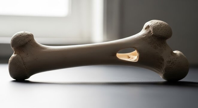 Close-up of a bone on dark surface with window light, illustrating anatomy and biology, focusing on bone structure, providing copy space.