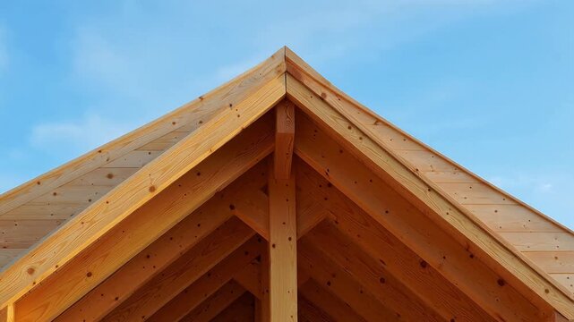 Wooden roof structure against blue sky