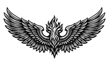 Obraz premium Majestic and Intricate Black and White Illustration of Stylized Outstretched Wings with a Dynamic Central Flame, Evoking Themes of Power, Freedom, and Mysticism, Perfect for Emblems, Logos, and Tattoo