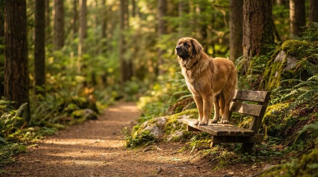 Fluffy dog standing on a wooden bench in a serene forest
