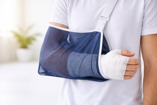 Man with arm in sling and bandaged hand in modern indoor setting  